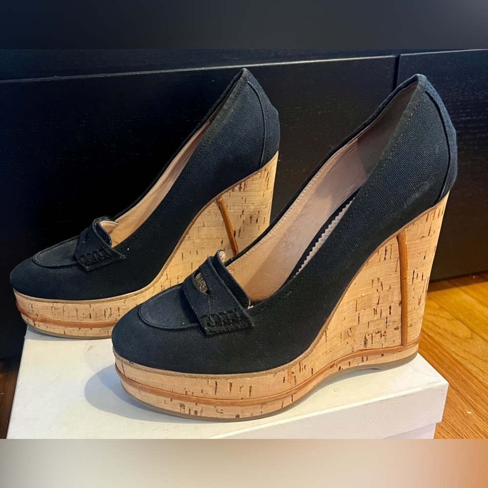 CHLOE Navy Penny Loafer Wedge Platform Heels size 40 EU, 9 US